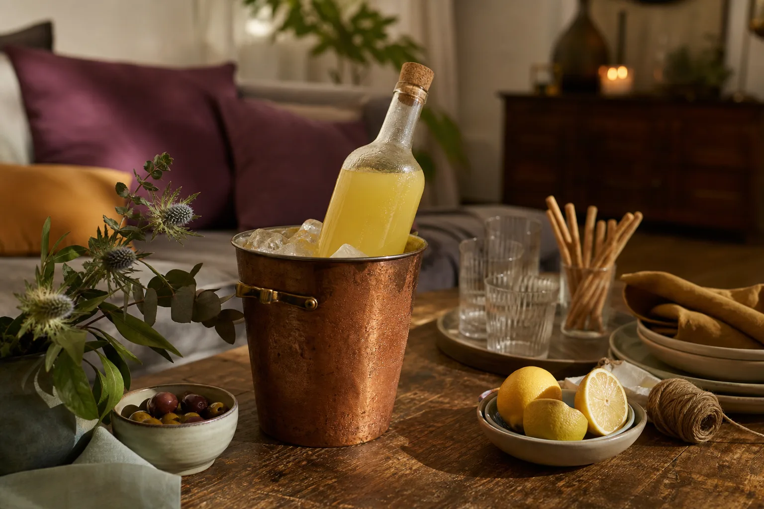Kall glasflaska i ishink på dukat bord