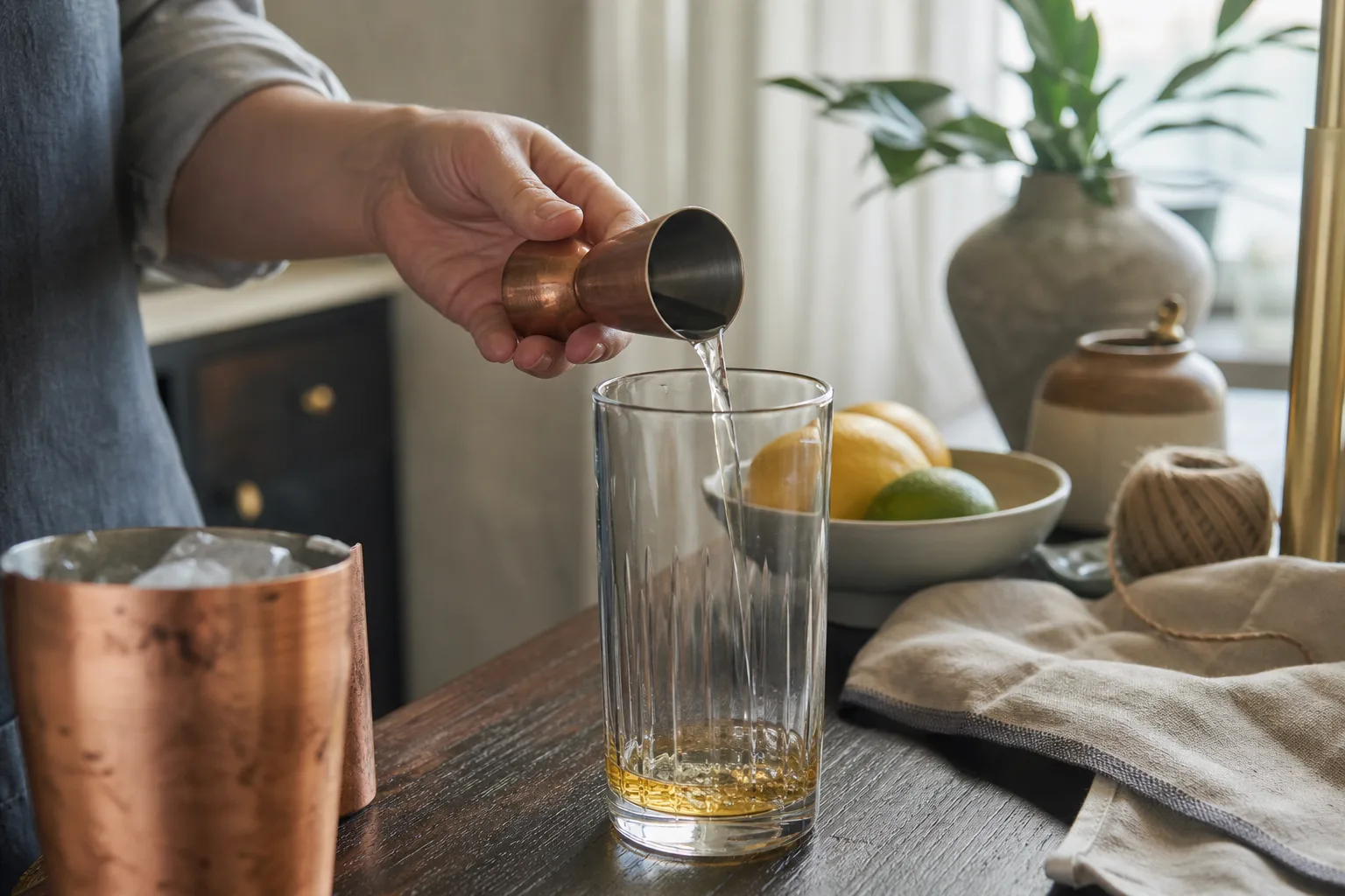 Hand som mäter i jigger över rörglas