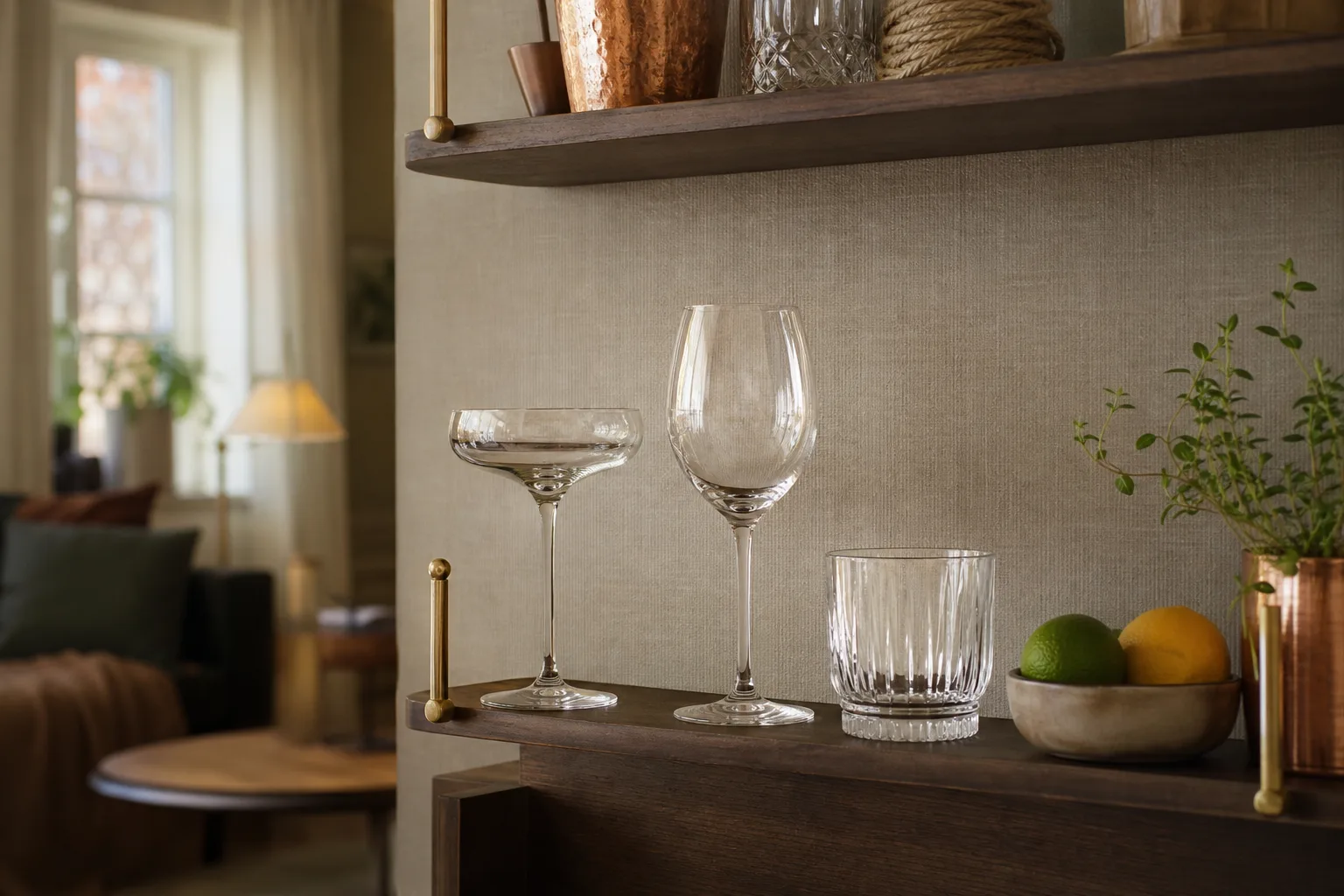 Cocktailglas, vinglas och tumbler på hylla