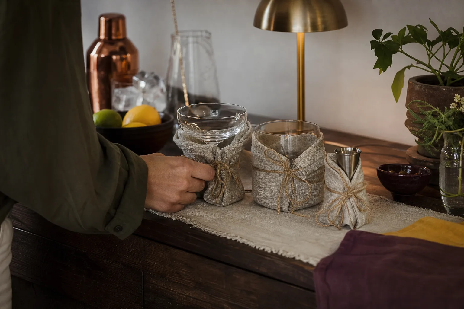 Glas och jigger inslagna som present