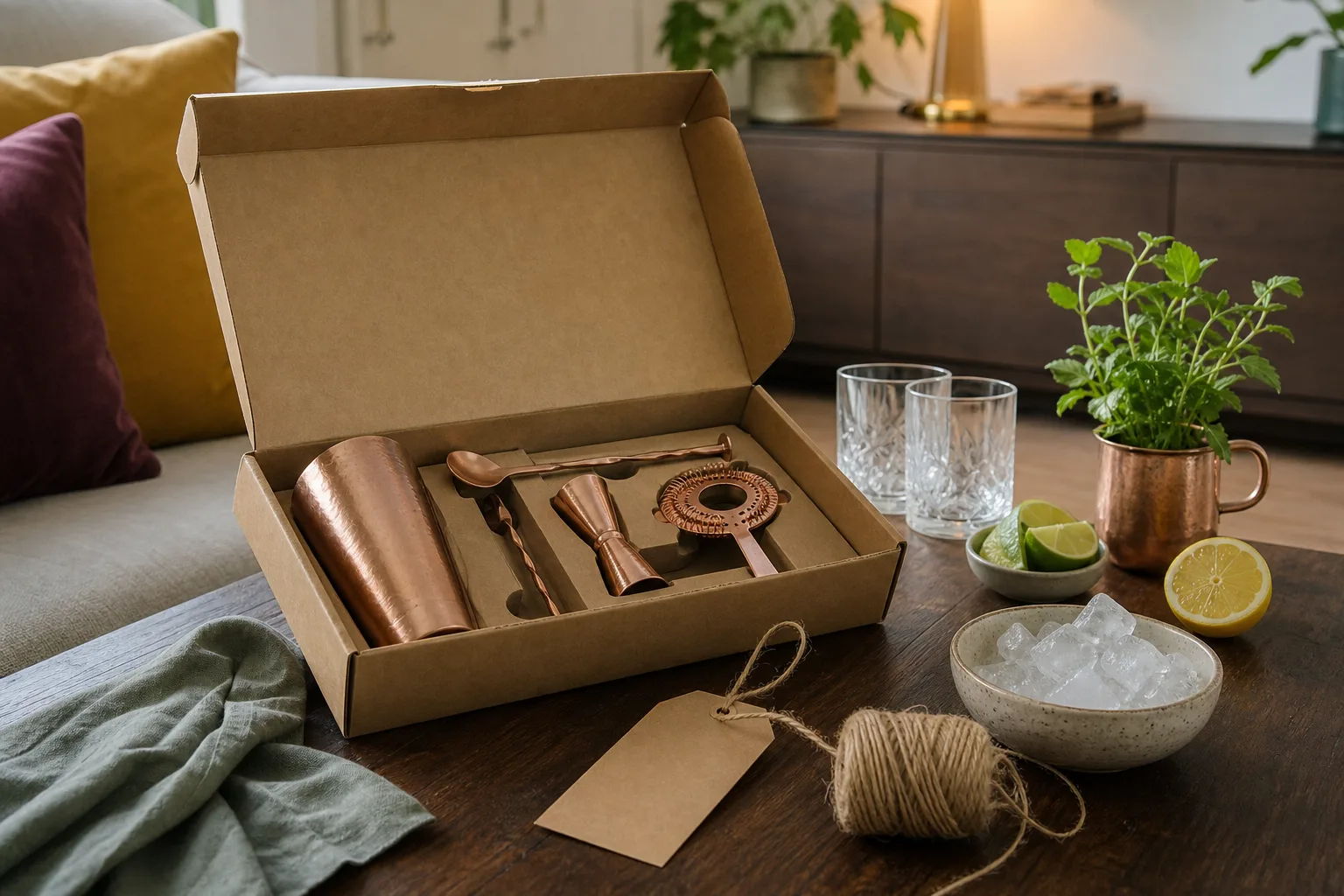 Öppet cocktailkit på vardagsrumsbord