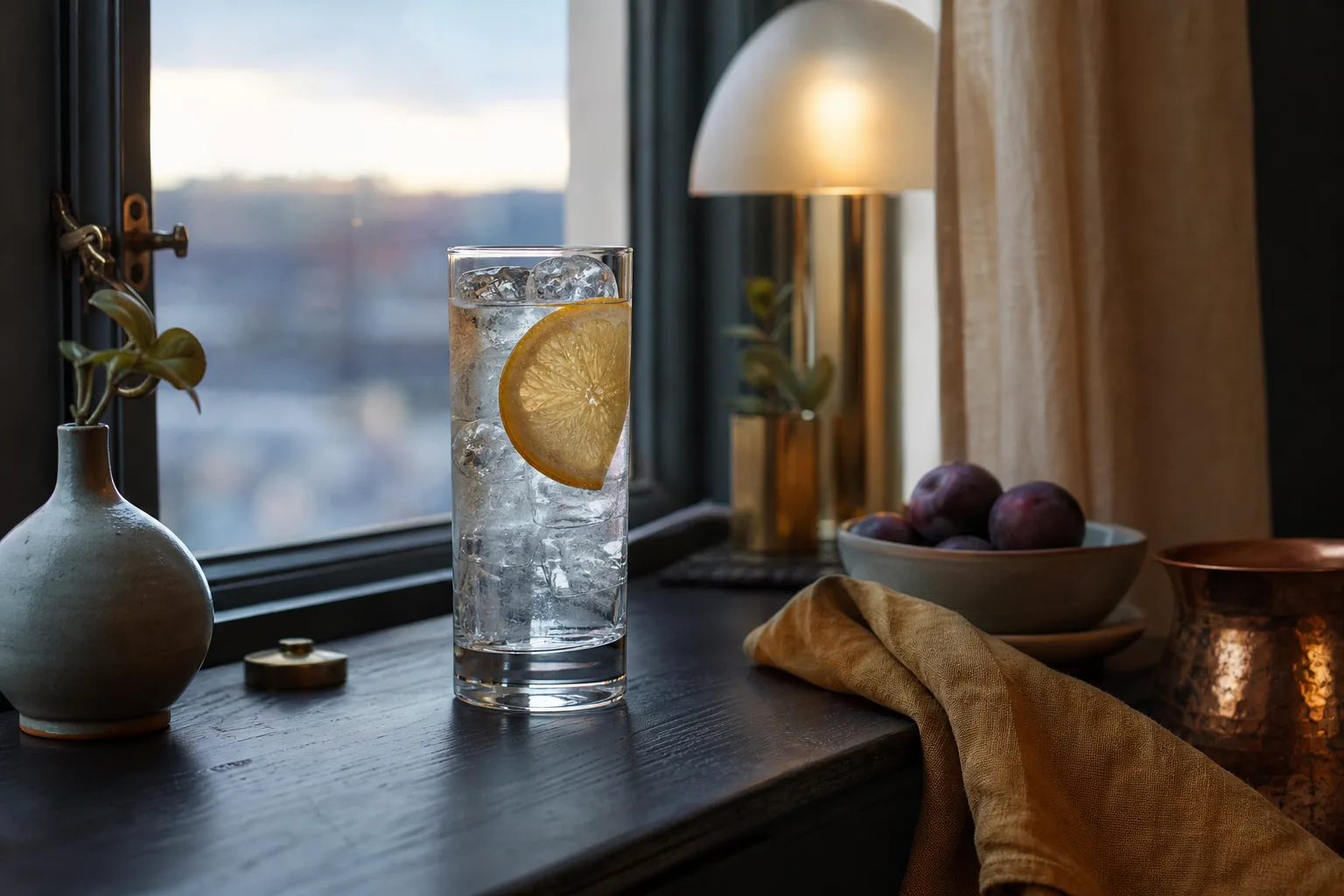 Highballglas med is och citrusskiva