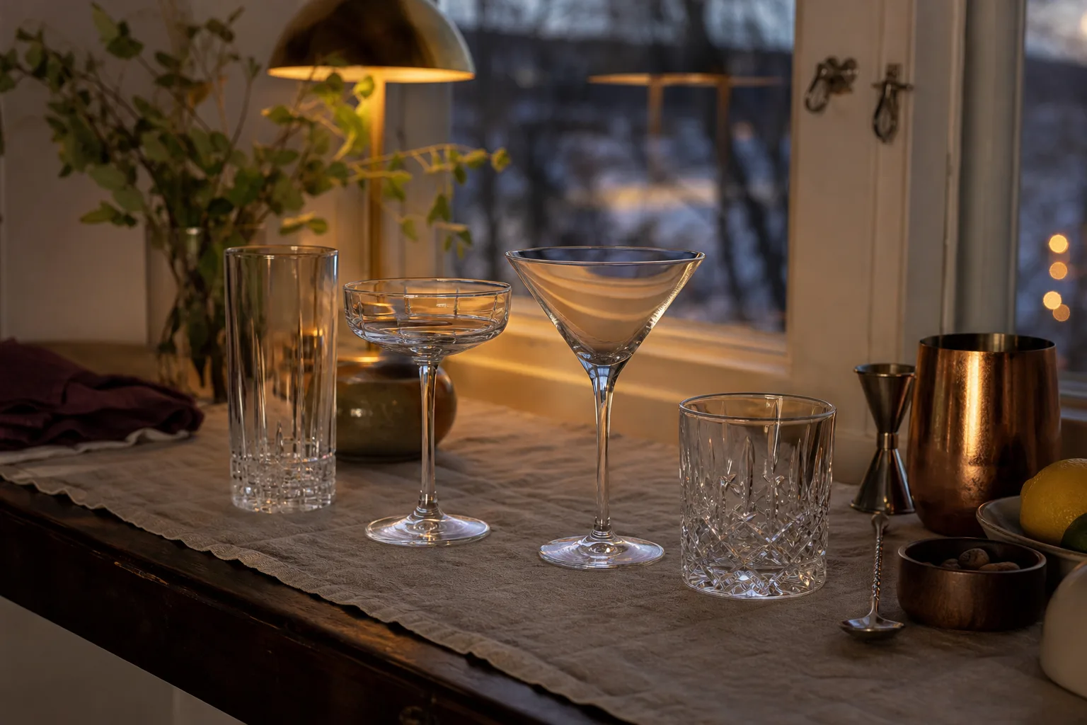 Olika drinkglas på linnelöpare