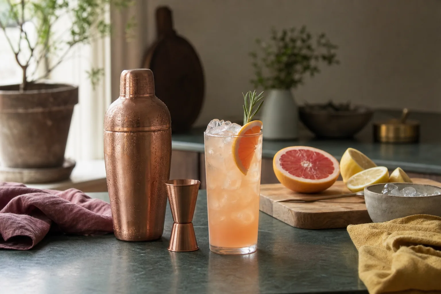 Alkoholfri drink med shaker och citrus