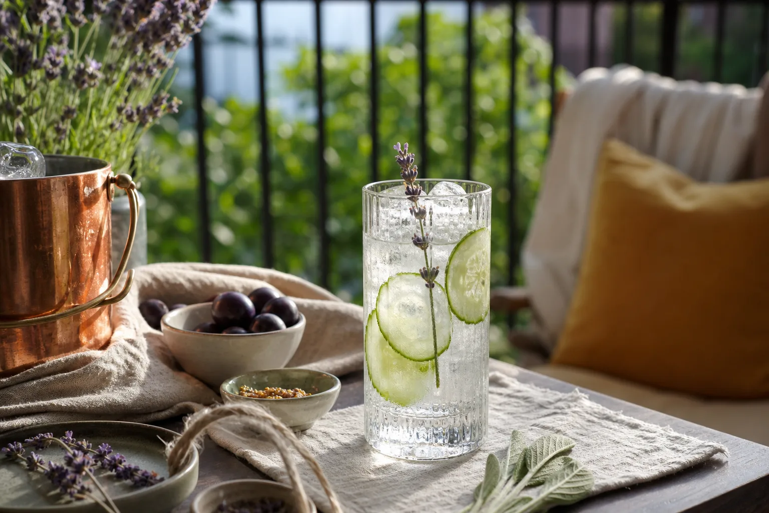 Högt glas med gurka och lavendel