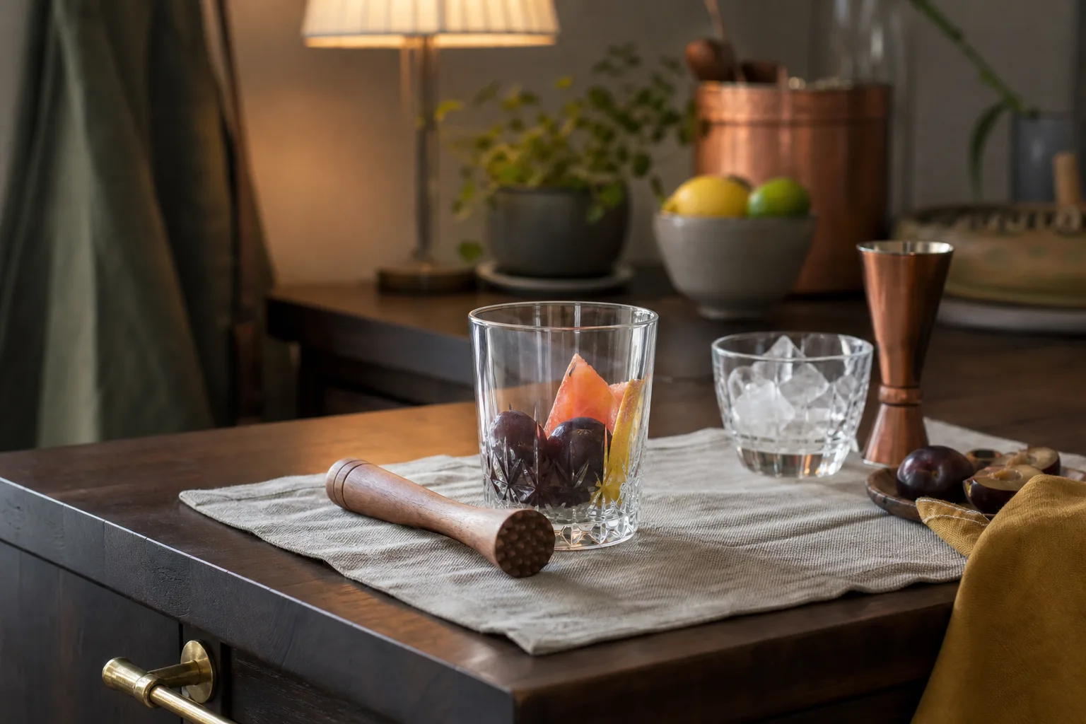 Muddler bredvid glas med citrus och bär