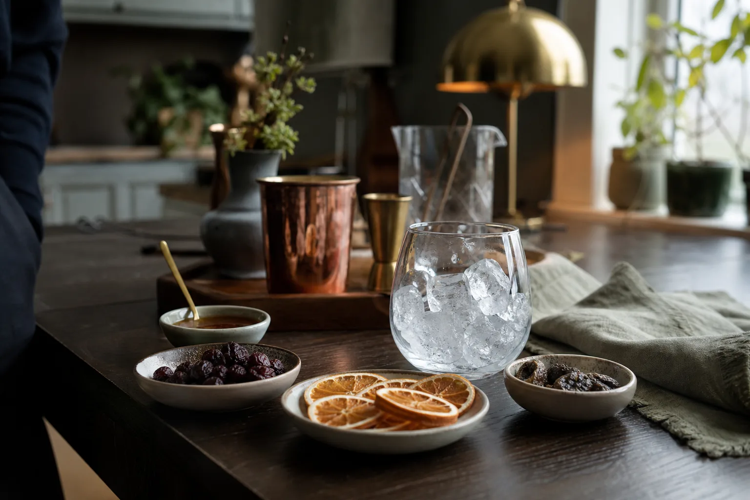 Citrus, bär och sirap vid glas med is