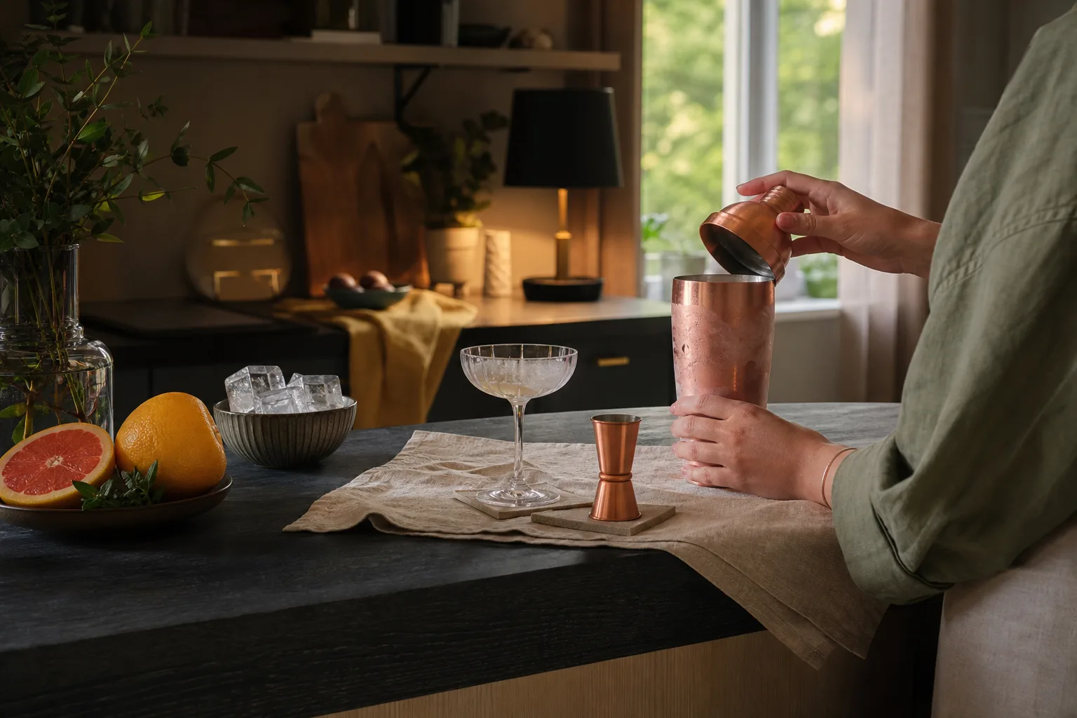 Shaker och coupeglas på mörk träbänk