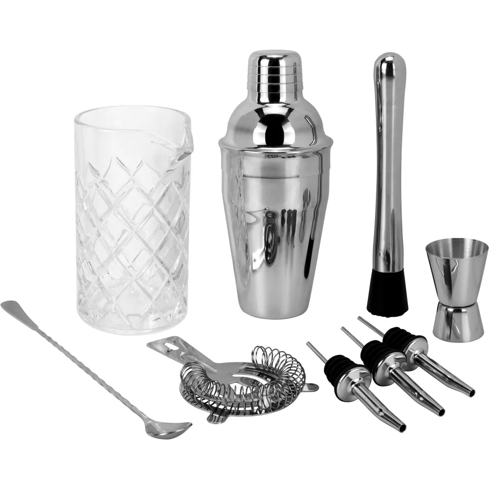 Barset i rostfritt stål med shaker, mixerglas och sil