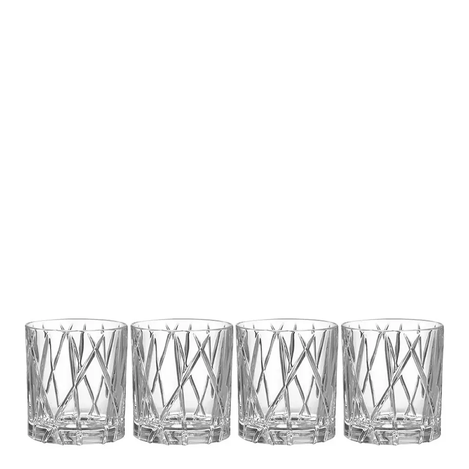 Fyra låga old fashioned-glas i kristallglas